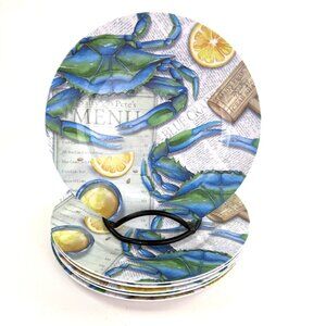 6 Melamine Ware Dinner Plates Blue Crab Salty Pete's 10" Beach House Kitchenware